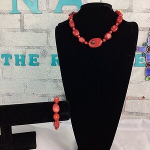 BARSE Chunky Red Coral 925 Sterling Silver Necklace and Bracelet Set
